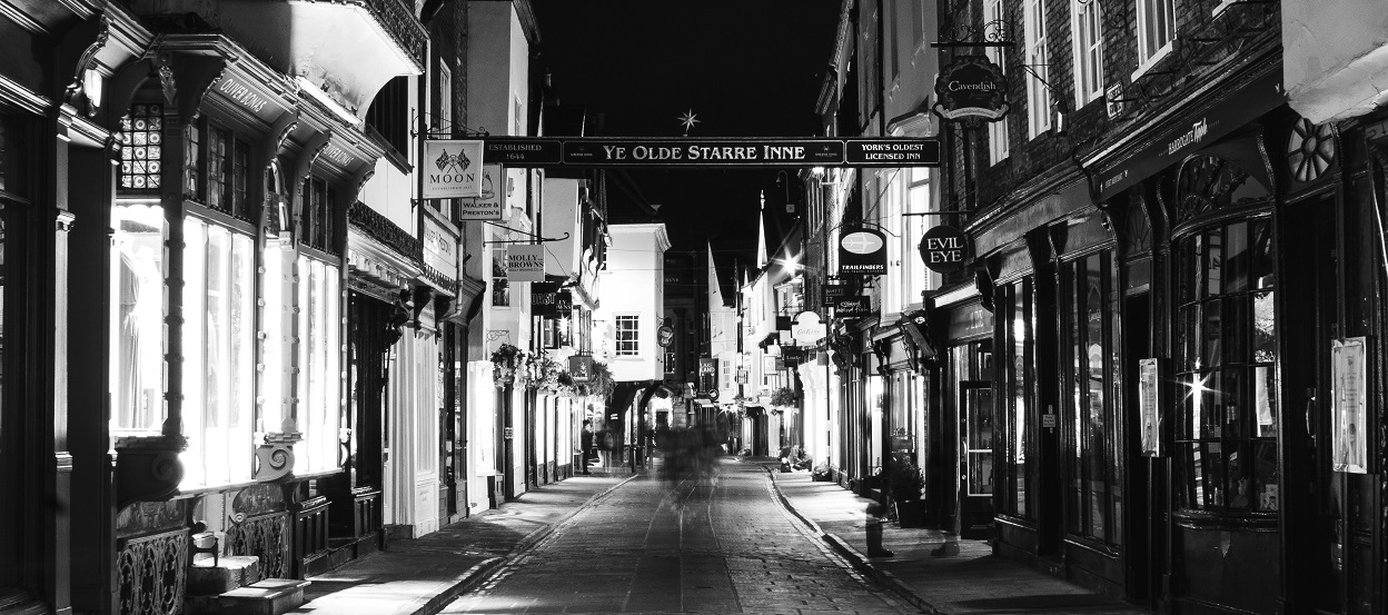 Black and white photo of an old street in York